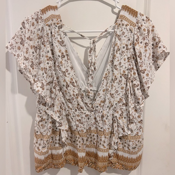 In Loom Boho Button Up Ruffled Short Sleeve Floral and Paisley Top - Picture 3 of 3